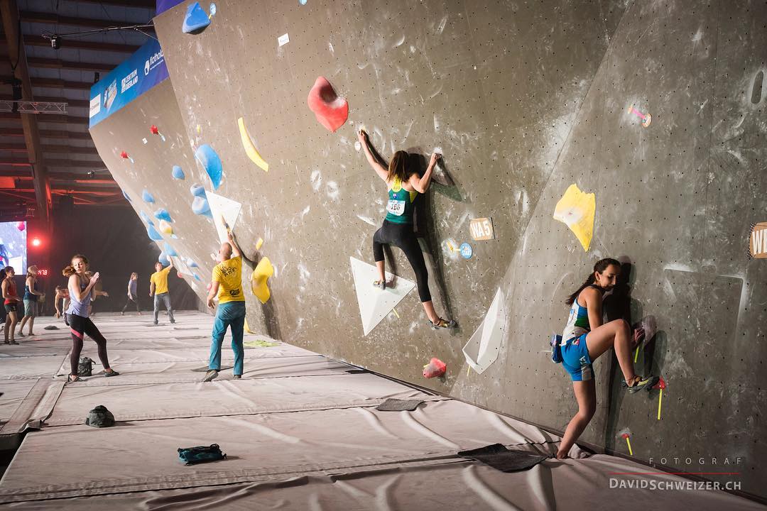 Flora competing at the Bouldering World Cup in Switzerland - photo by David Schweizer